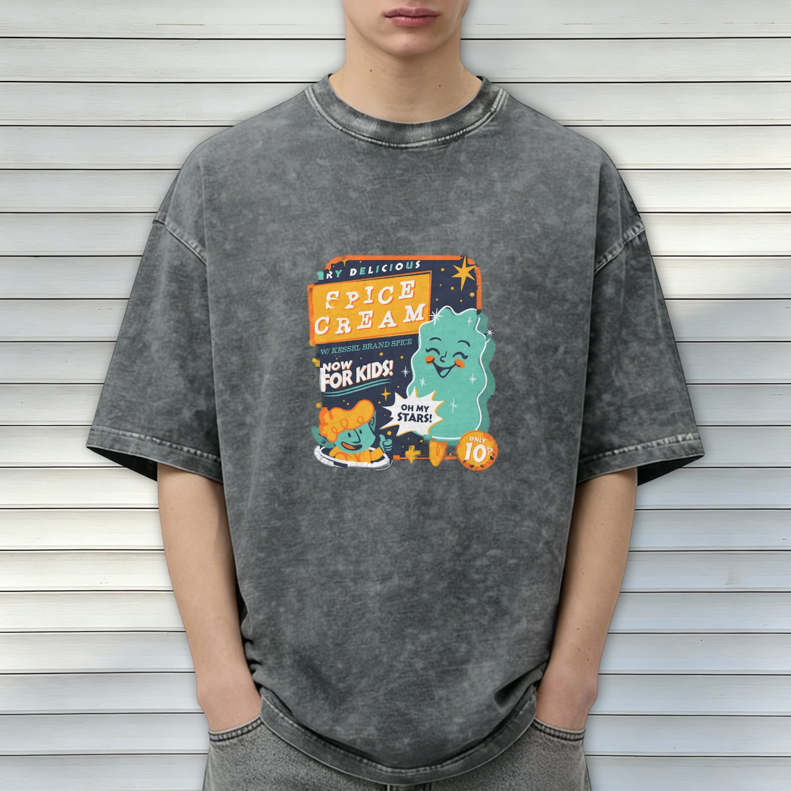 acid wash black t-shirt with retro space spice cream kids graphic