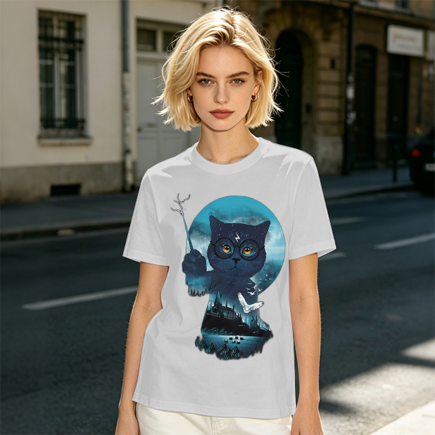 Olive T-shirt with Harry Potter themed wizard cat graphic