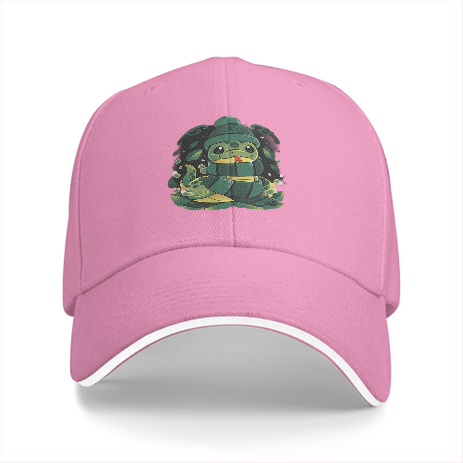 Black Baseball Cap With Cute Cartoon Snake Graphic Design