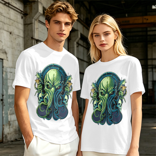 Olive Green T-Shirt With Cthulhu Skull Graphic Print