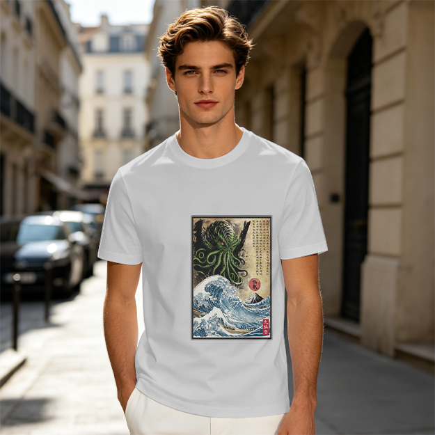 Olive T-shirt with Cthulhu Great Wave Japanese Art Print