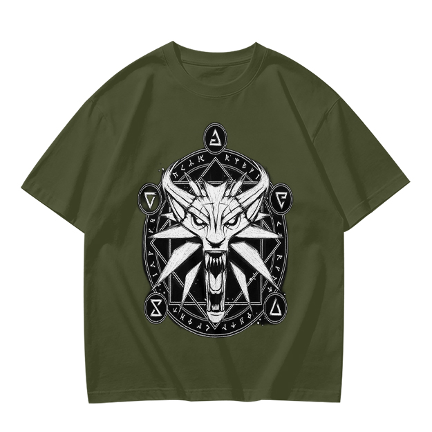 Olive T-Shirt With Witcher Wolf Medallion Magic Circle Print