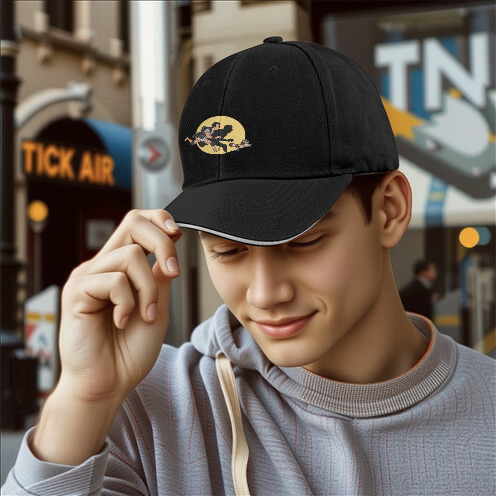 Black Baseball Cap With Running Figure And Raccoon Graphic