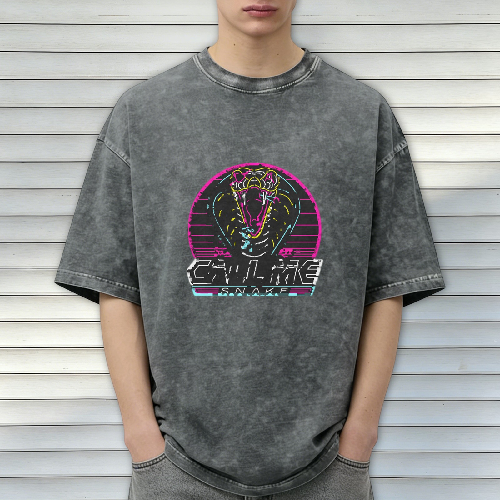 Oversized Acid Wash T-Shirt with Neon Cobra Call Me Snake Graphic