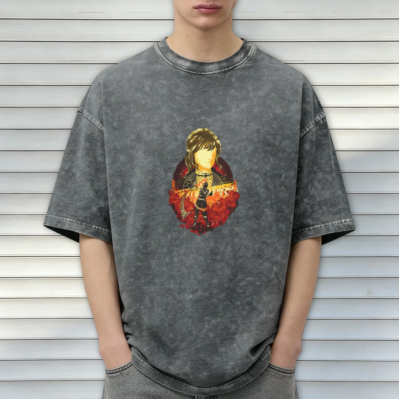 Washed Black Oversized T-Shirt With Fantasy Archer Graphic Print