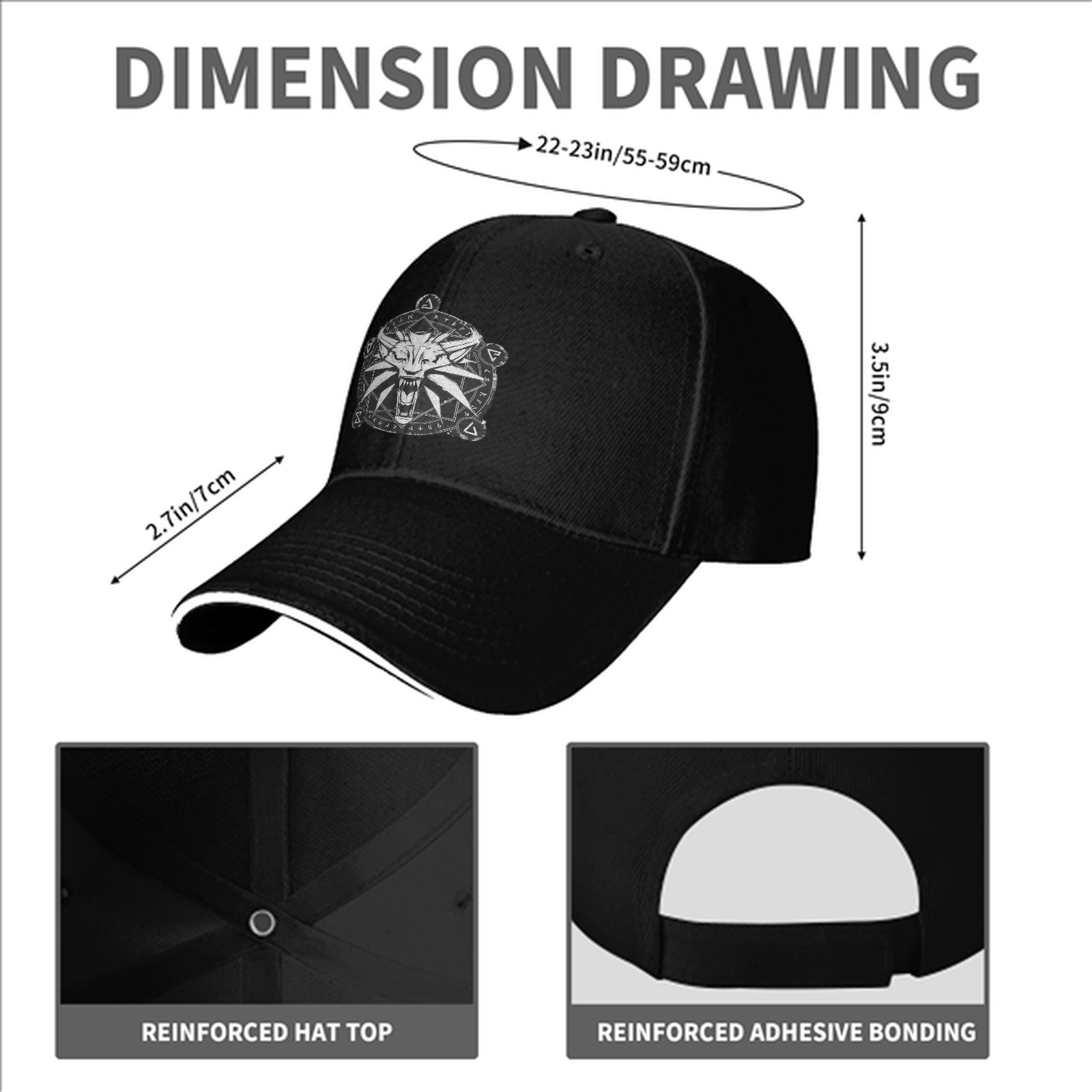 Black Baseball Cap With Witcher Wolf Medallion Print