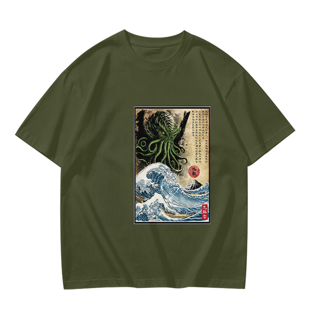 Olive T-shirt with Cthulhu Great Wave Japanese Art Print