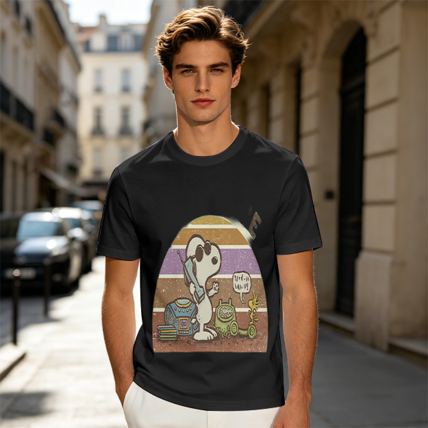 Olive T-Shirt with Snoopy Retro Phone Call Graphic