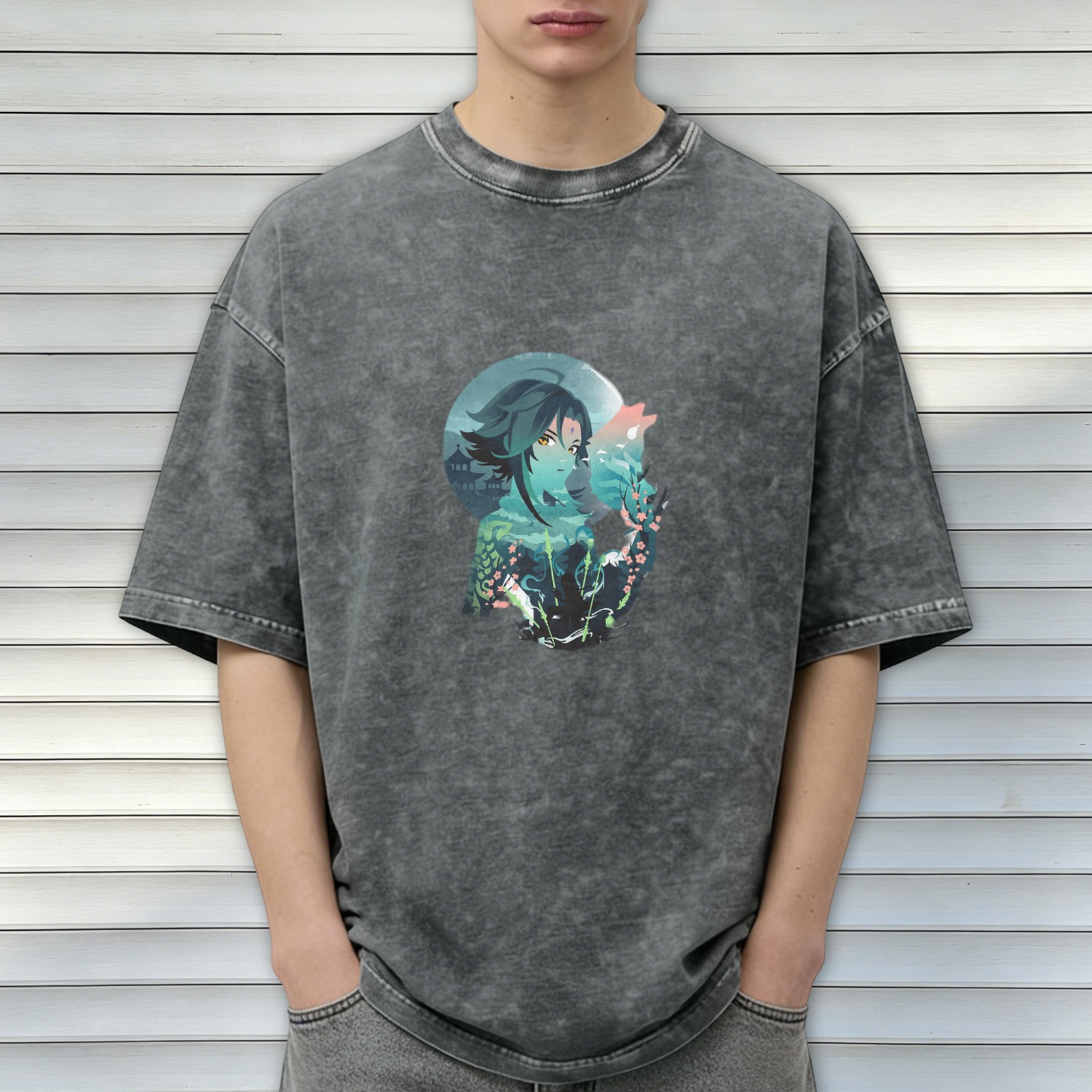 Oversized Washed Black T-Shirt with Anime Character Graphic Print