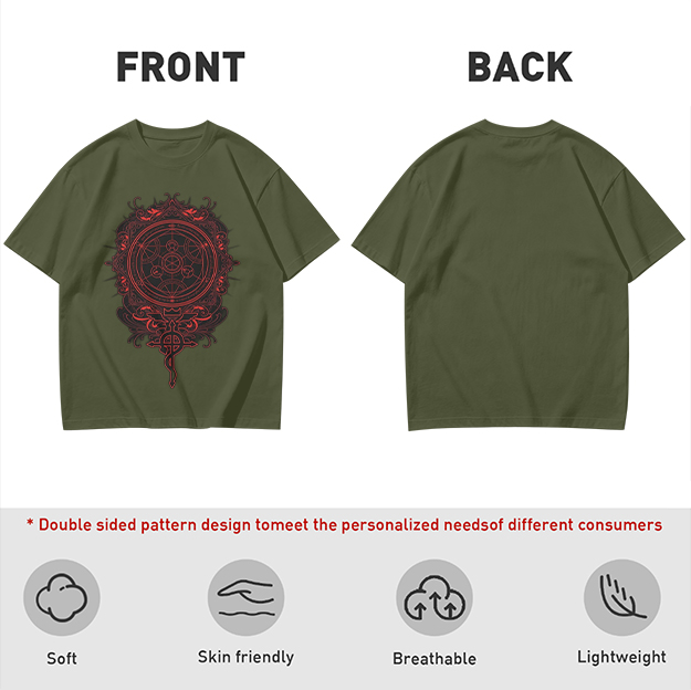 Olive T-Shirt With Red Occult Magic Circle Graphic