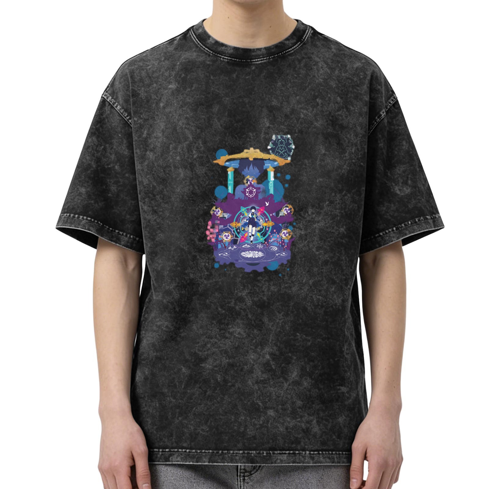 Washed Black Graphic T-Shirt with Fantasy Themed Print