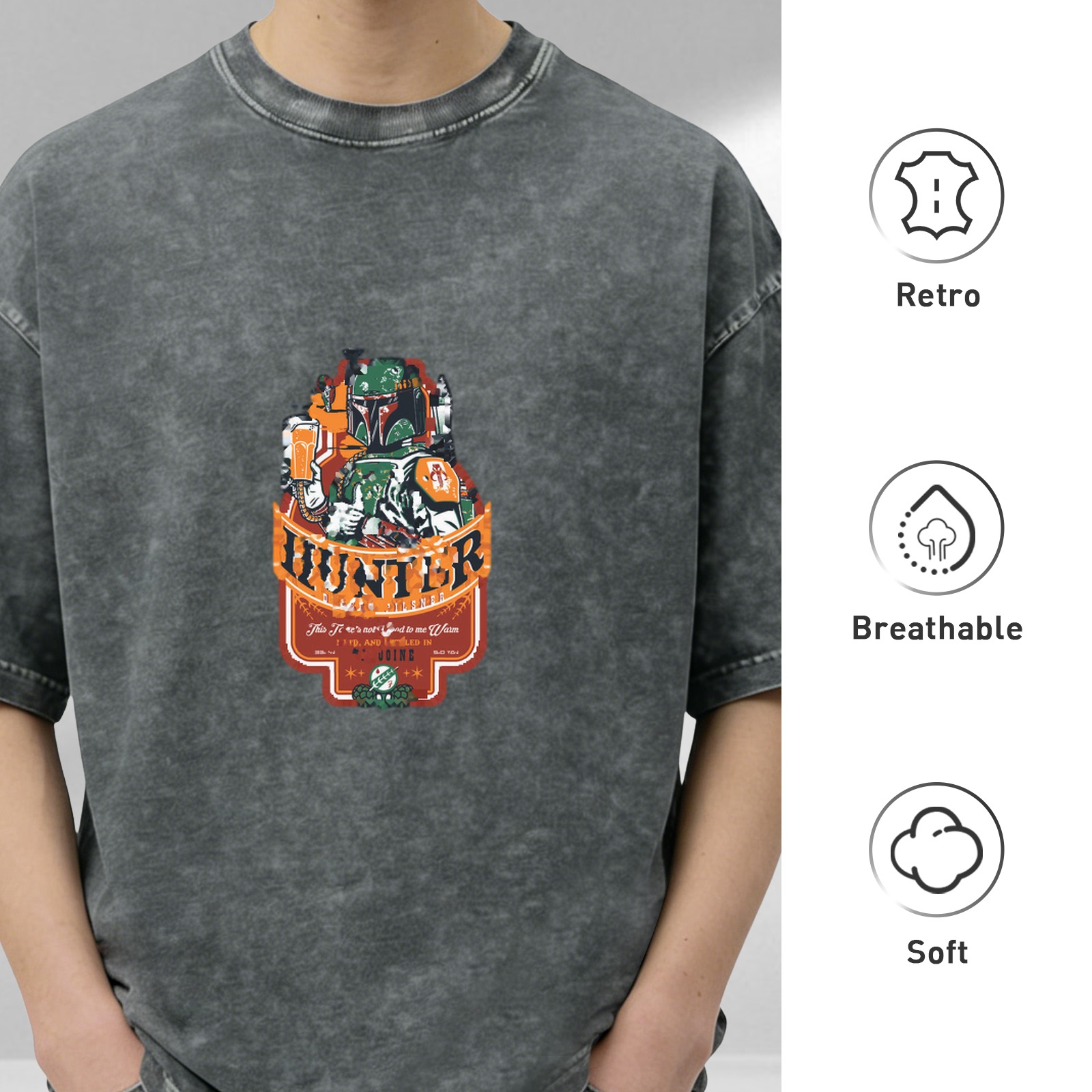 Distressed black short-sleeved T-shirt, bounty hunter themed print, loose casual crew neck top