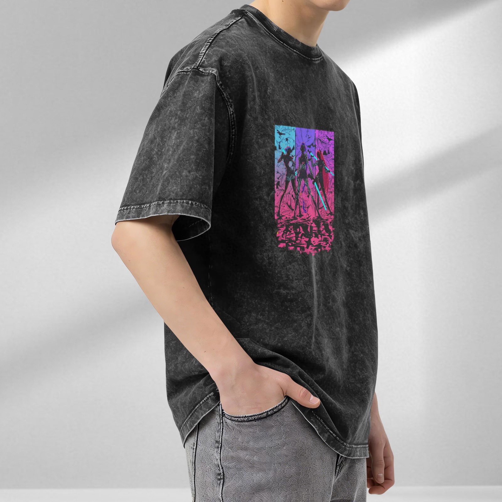 Distressed washed black cyber style anime character printed short-sleeved T-shirt