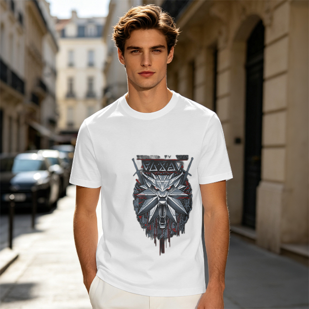Olive Green T-Shirt With Witcher Wolf Medallion Graphic