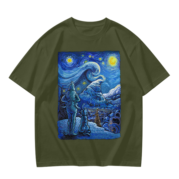 Olive T-Shirt with Starry Night Alien Landscape Art Print