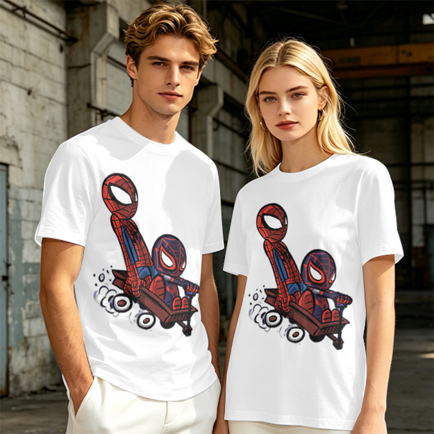 Olive T-shirt with Chibi Spider-Men Riding a Wagon Graphic