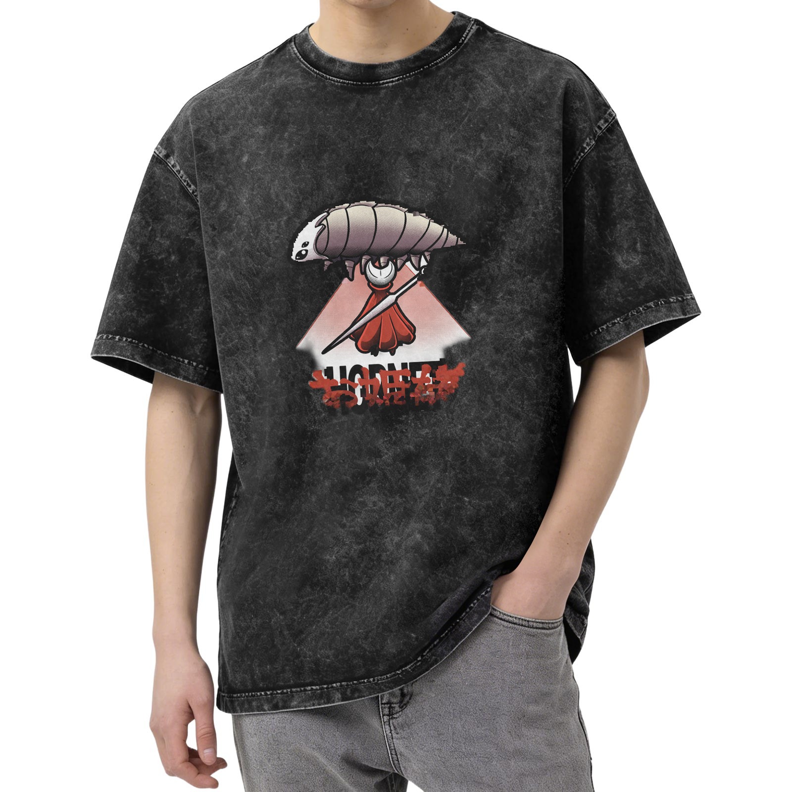 Washed Black T-Shirt With Fantasy Insect Warrior Graphic Print