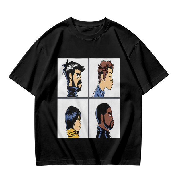 Olive T-Shirt With Four Cartoon Character Profile Portraits
