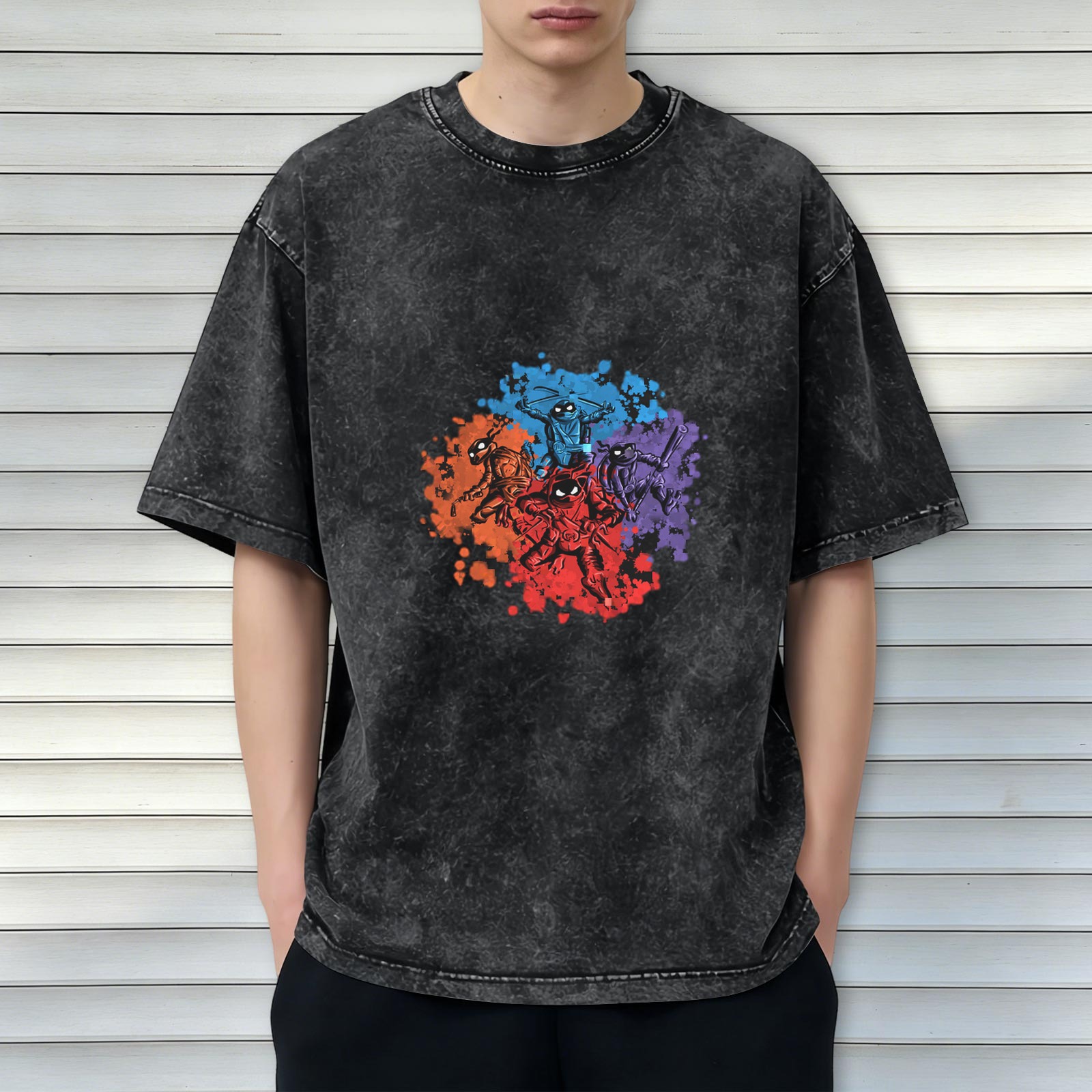 Washed Black T-Shirt With Ninja Turtle Splatter Graphic
