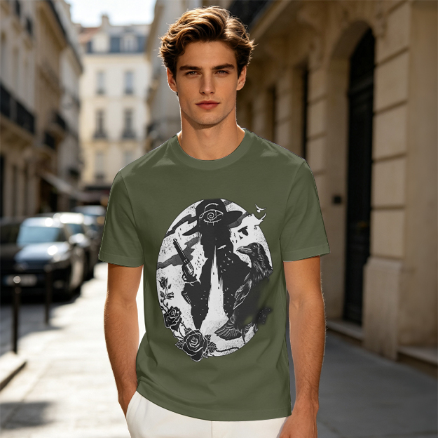 Olive T-Shirt With Western Cowboy Silhouette, Crow And Roses Print