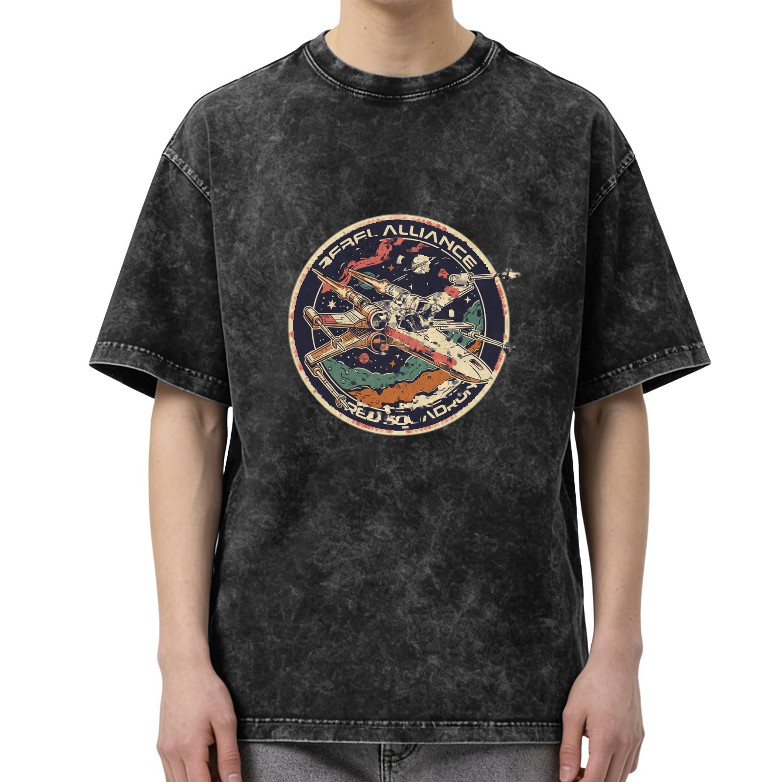 Distressed washed black round neck short-sleeved T-shirt Retro Space Alliance spaceship printed casual top