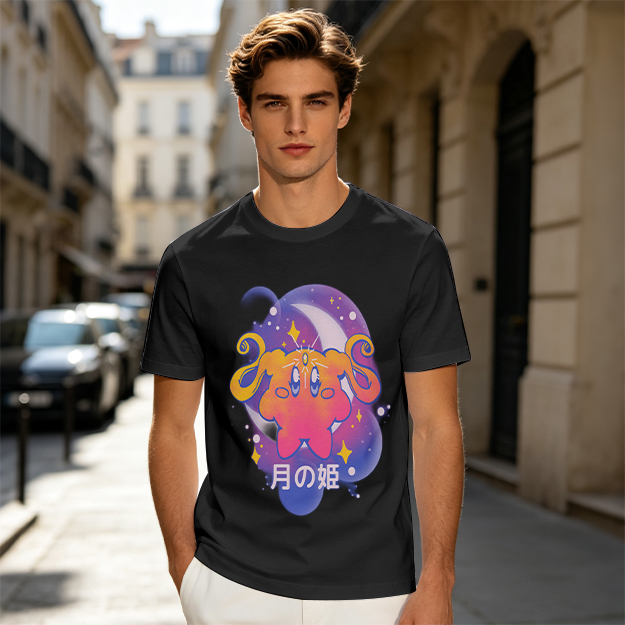 Olive t-shirt with cosmic cat and moon graphic print