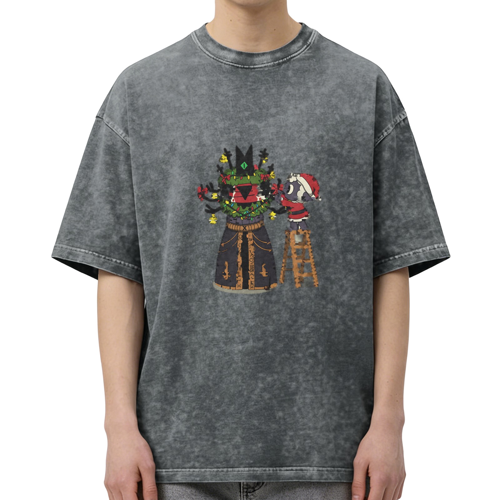 Washed Black T-Shirt With Cute Christmas Character Decorating Artwork