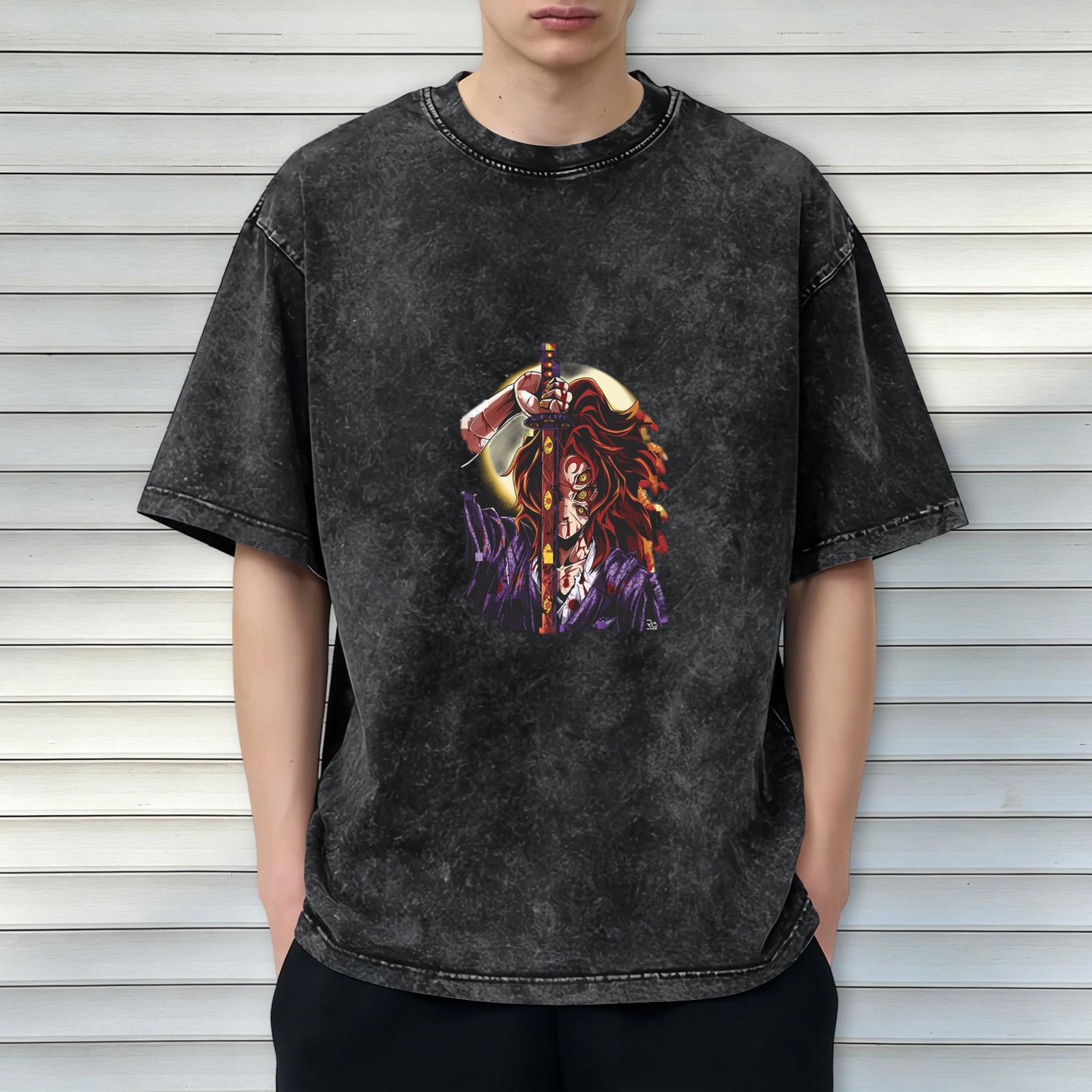Anime Demon Slayer Character Graphic Stone Wash Oversized T-Shirt