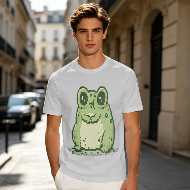 Olive Green T-Shirt With Cute Cartoon Frog Graphic Print