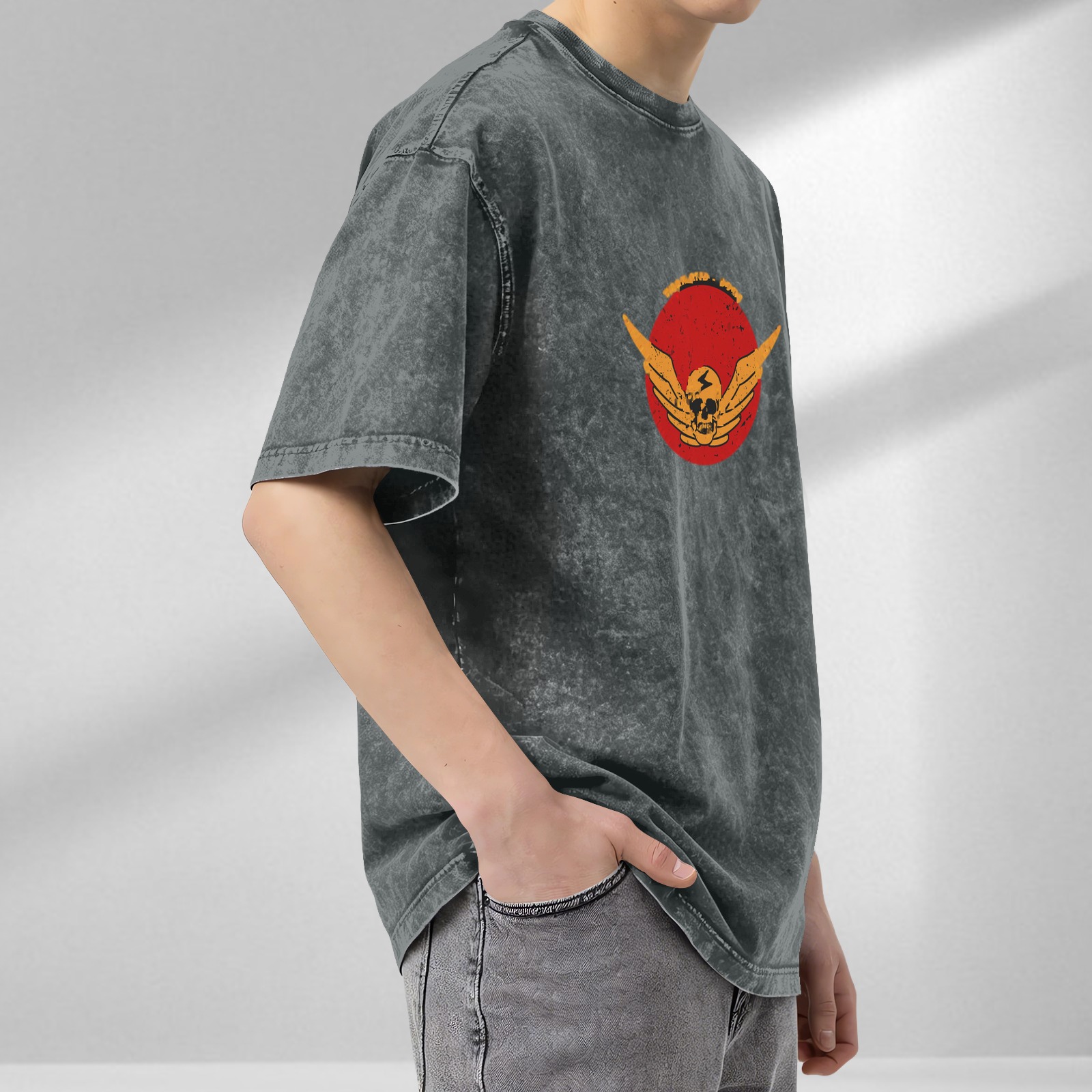 Washed Black Graphic T-Shirt with Winged Skull Red Circle Design
