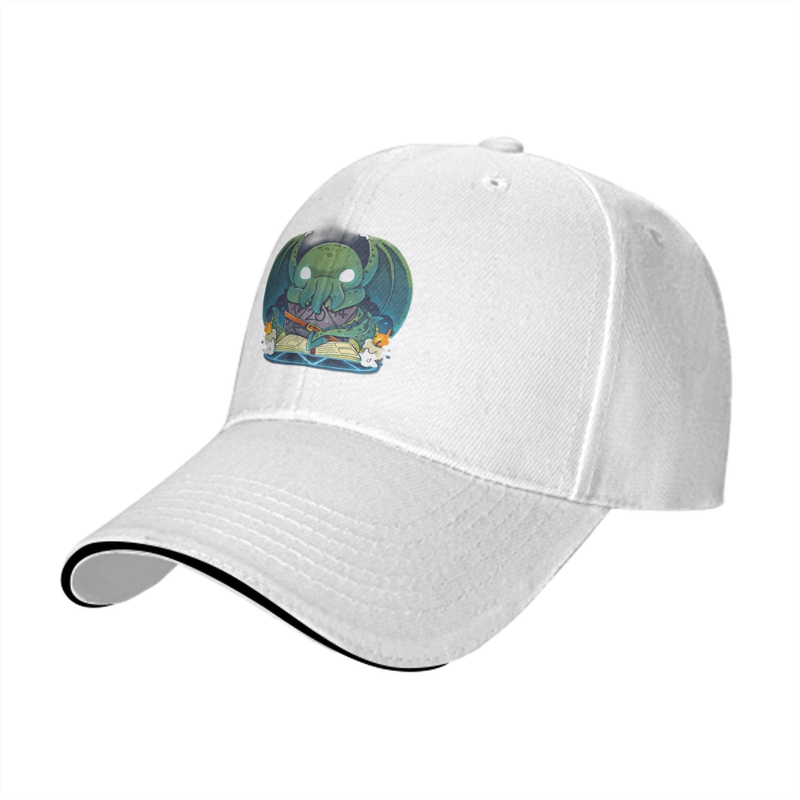 Black Baseball Cap With Cute Cthulhu Reading Spellbook Art