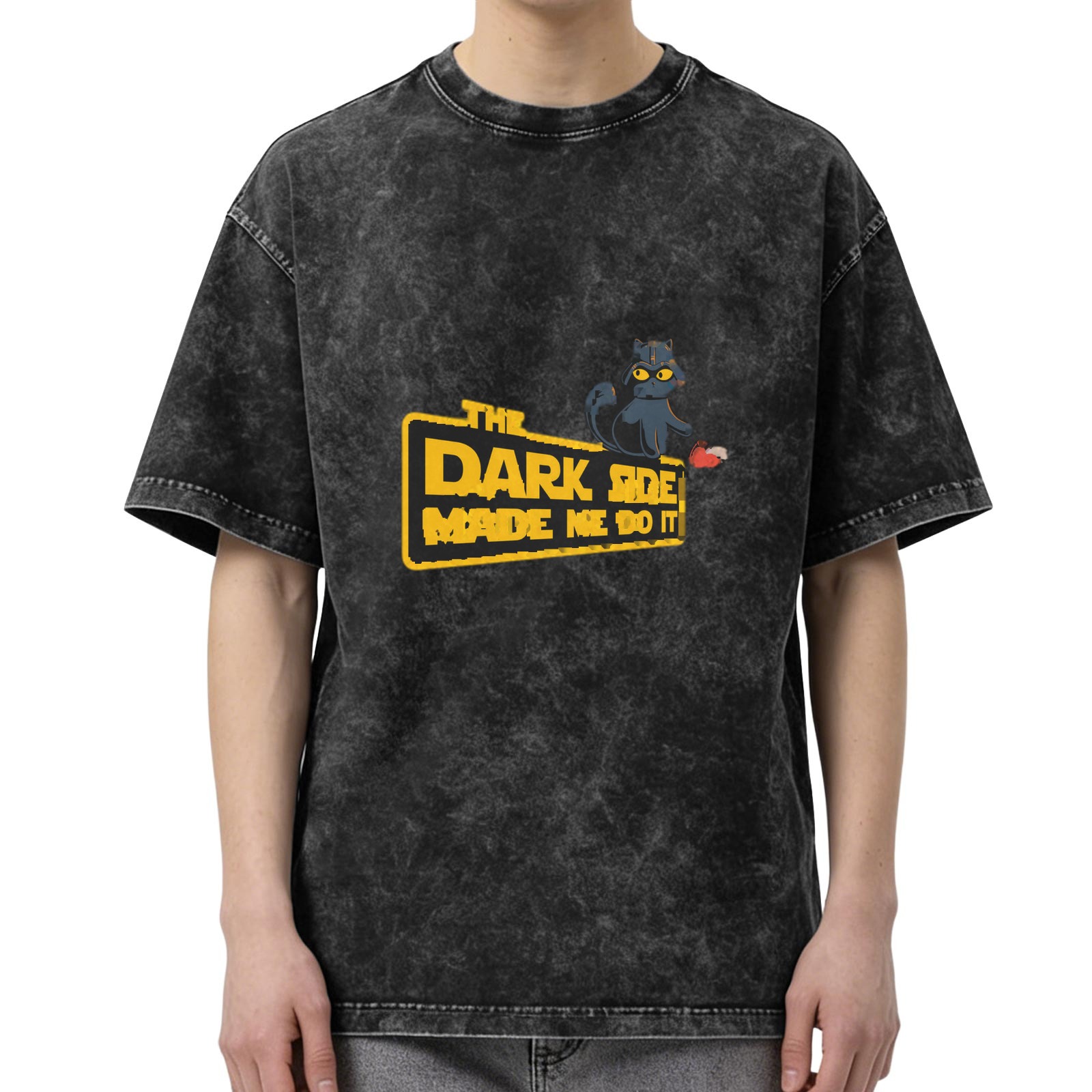 Oversized Acid-Wash T-Shirt with 'The Dark Side Made Me Do It' Cat Graphic Print