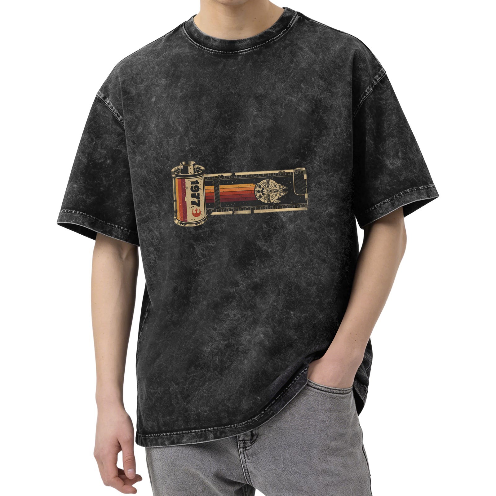 Oversized Acid Wash T-Shirt with 1977 Film Reel Graphic