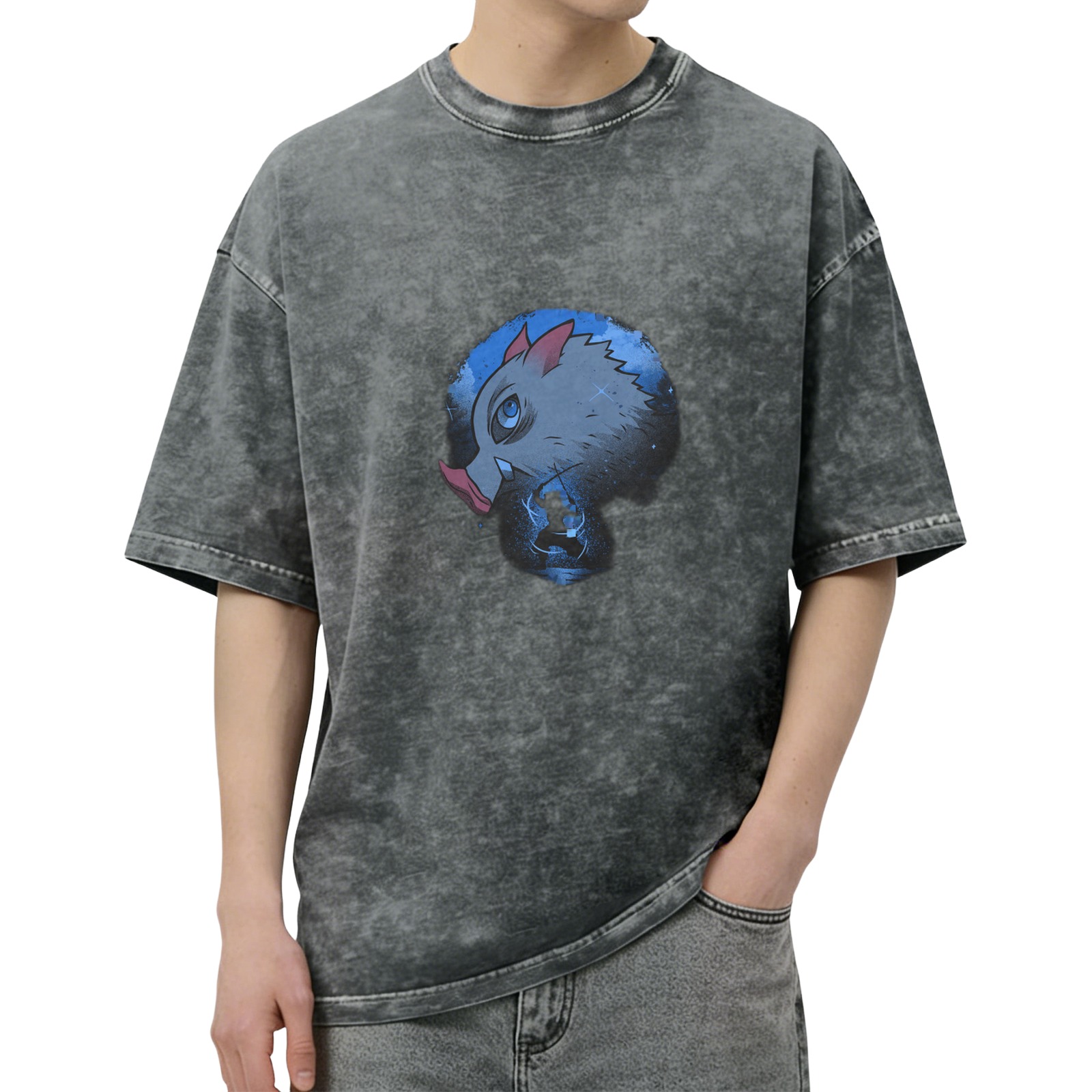 oversized dark washed t-shirt with anime boar head graphic