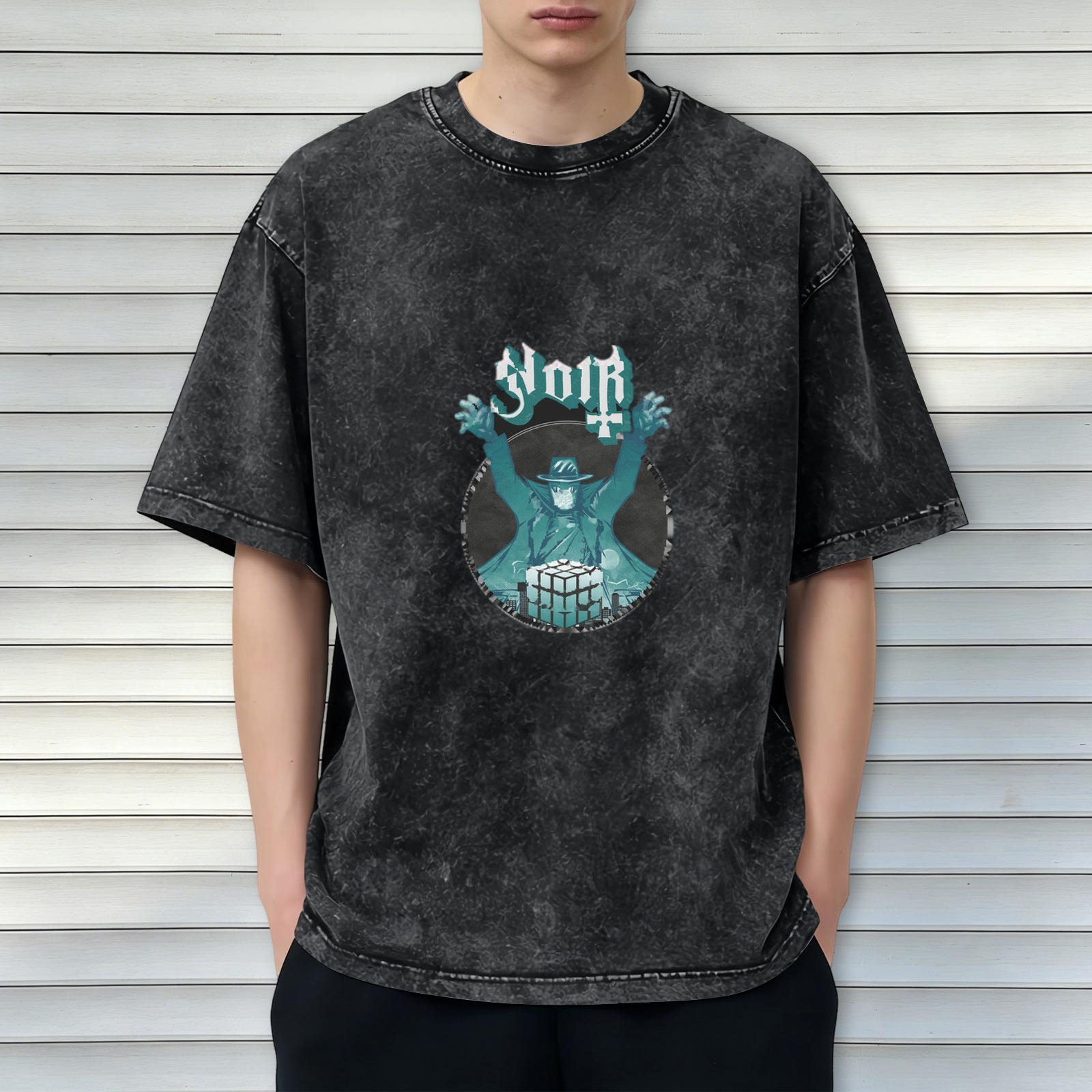 Washed black graphic t-shirt with noir villain and cube design