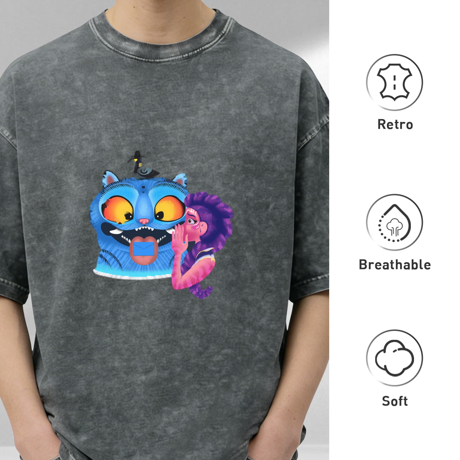 Oversized Dark Wash T-Shirt With Whispering Purple Haired Girl And Blue Cat Graphic