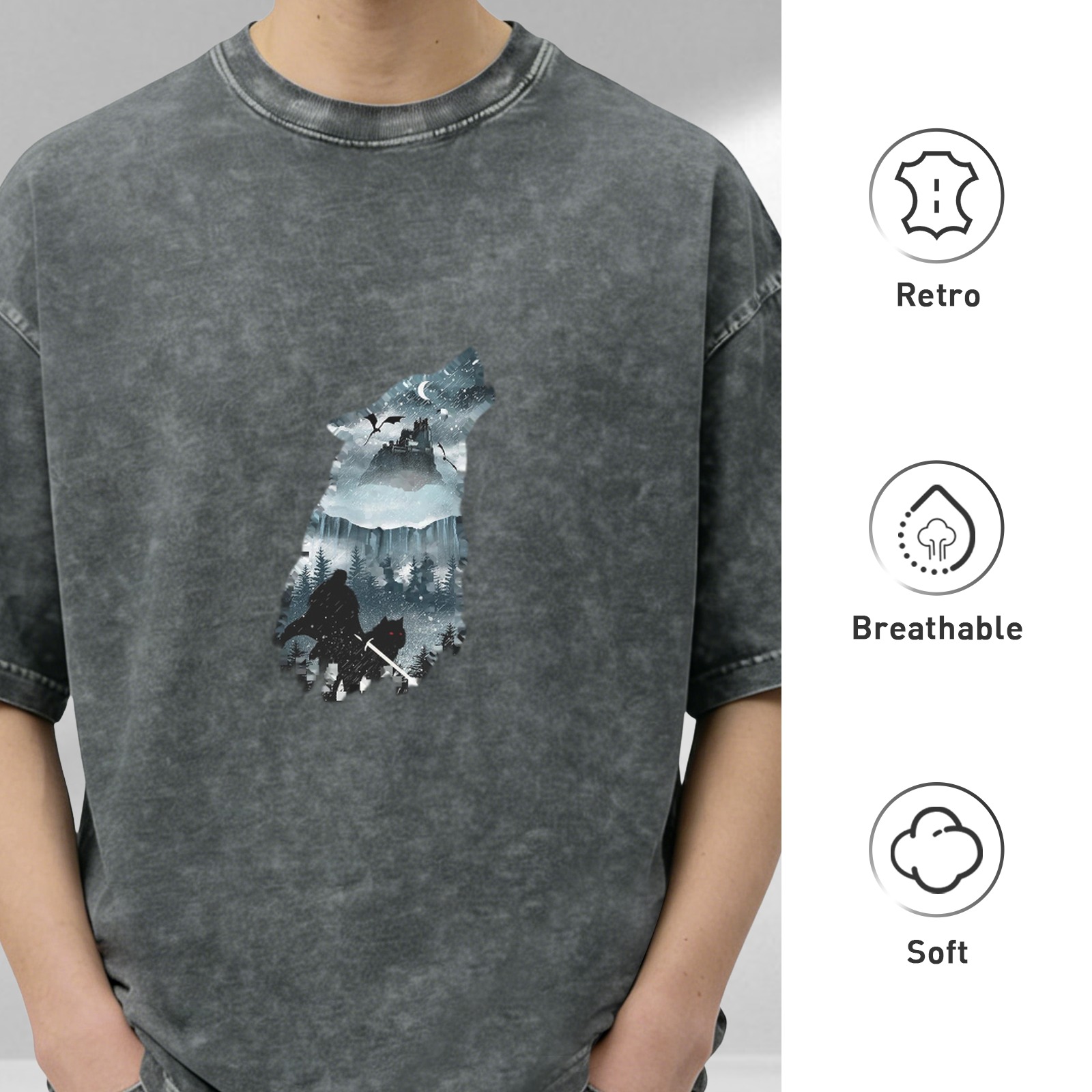 Oversized Stonewashed T-Shirt With Howling Wolf Silhouette Fantasy Graphic