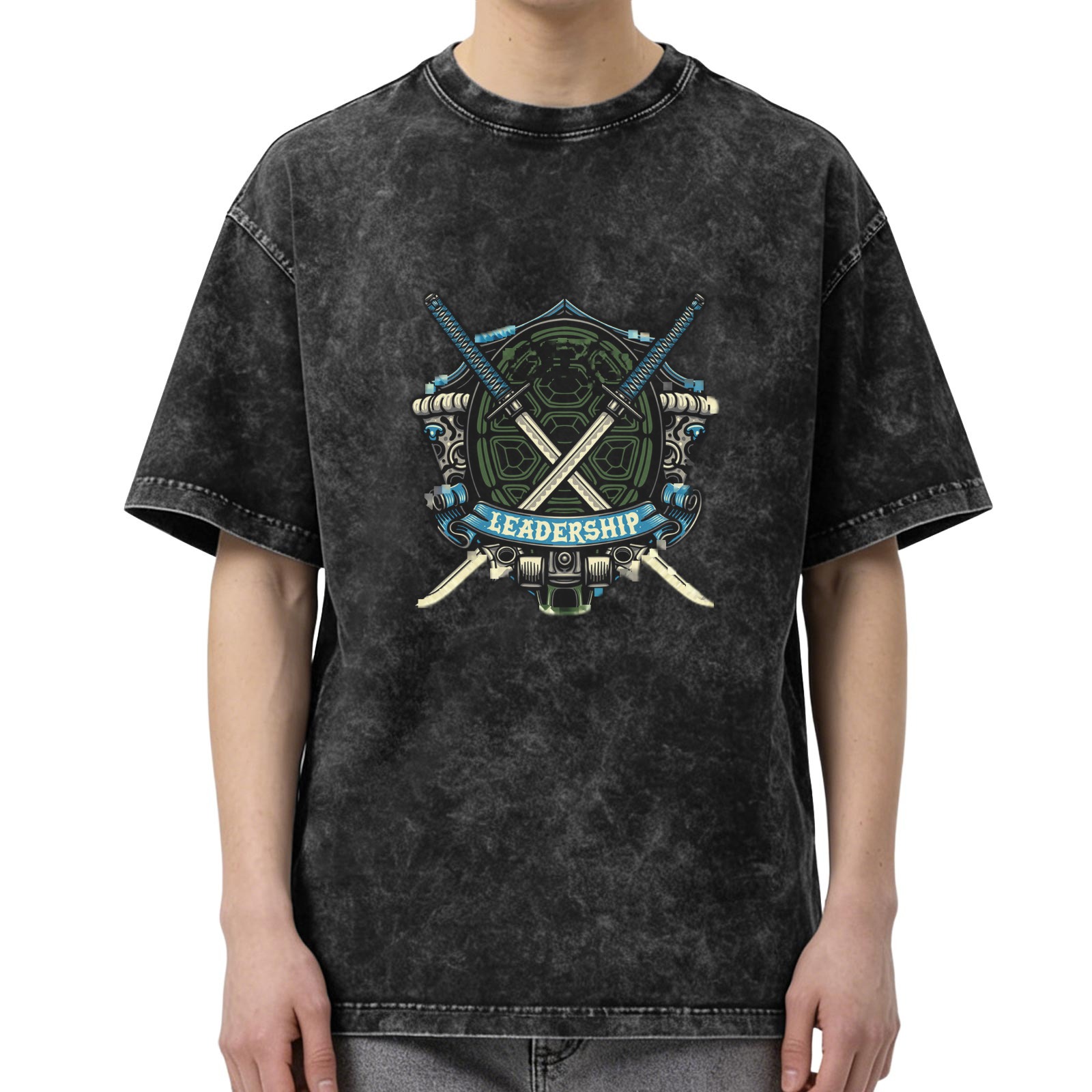Oversized Dark Wash T-Shirt With Ninja Turtle Leadership Crest Print