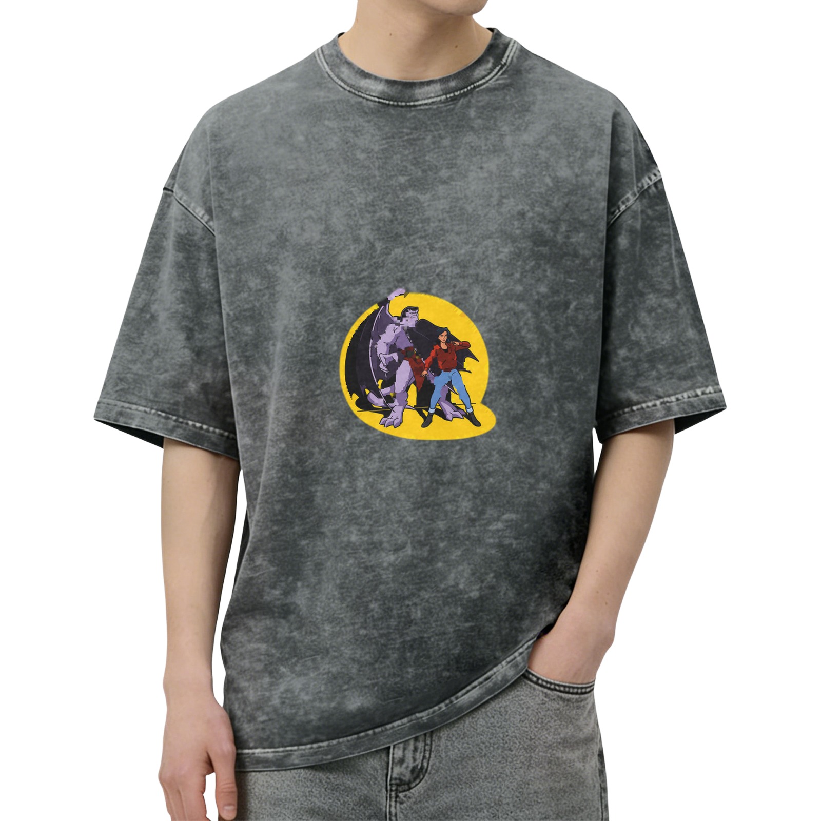 Washed Black T-Shirt with Gargoyles Cartoon Character Graphic
