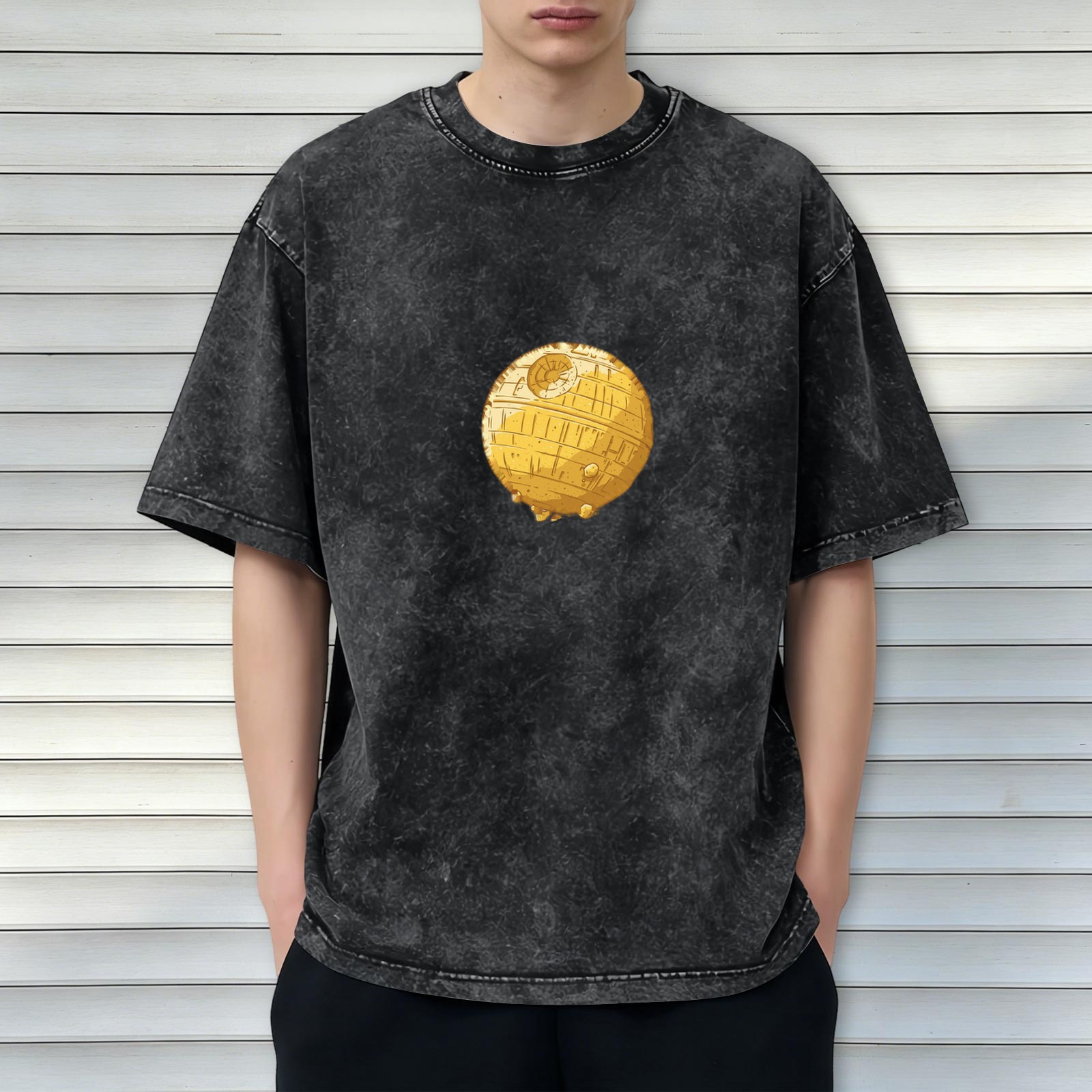 Oversized Stonewashed T-Shirt With Golden Death Star Print