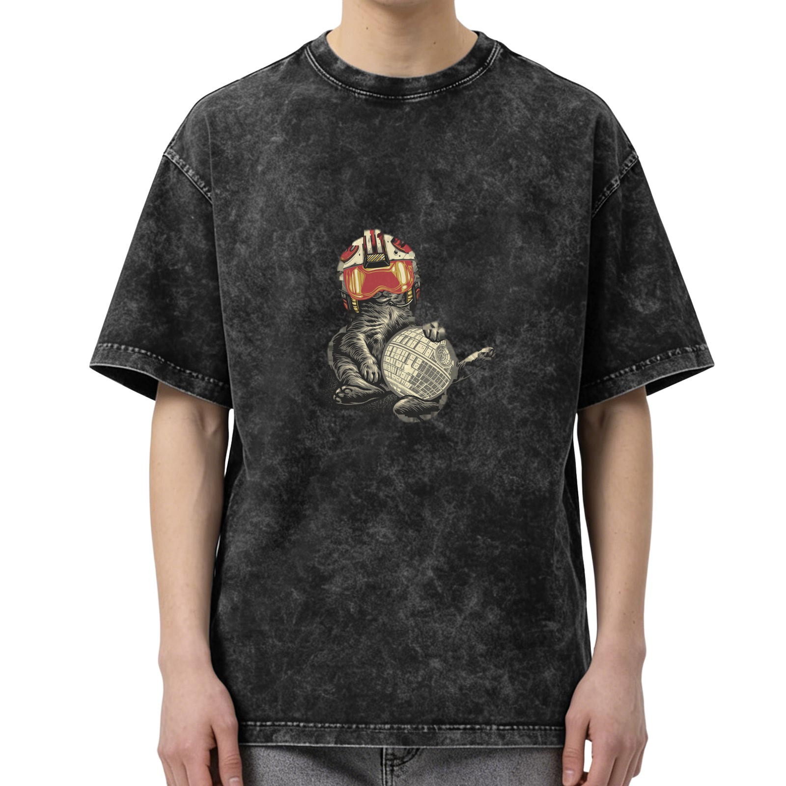 Washed Black T-Shirt With Cat Wearing Pilot Helmet Holding Death Star