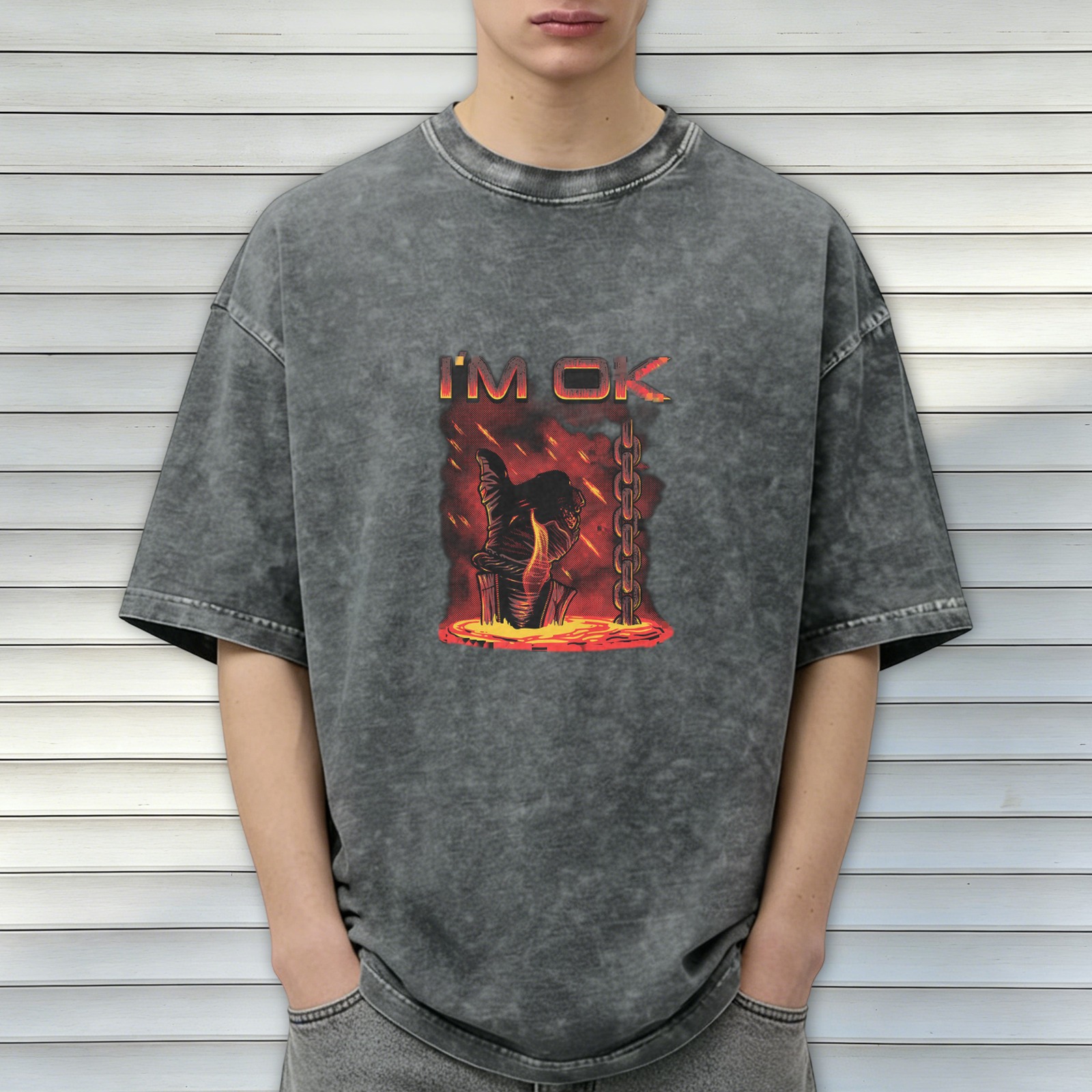 Washed Black Graphic T-Shirt with I'm OK Lava Hand Design