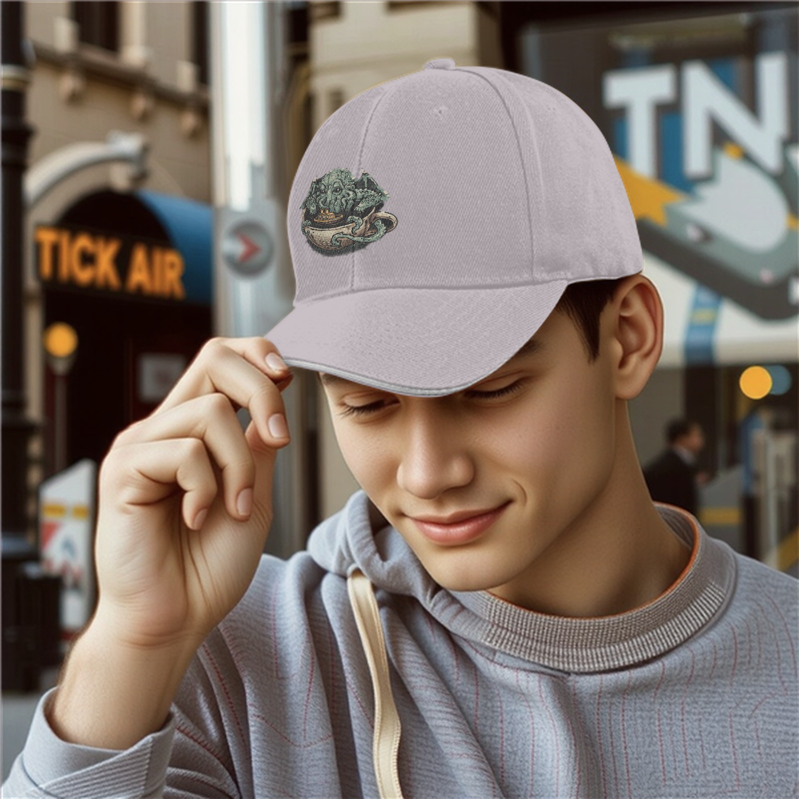 Black Baseball Cap With Cthulhu In Teacup Graphic Print