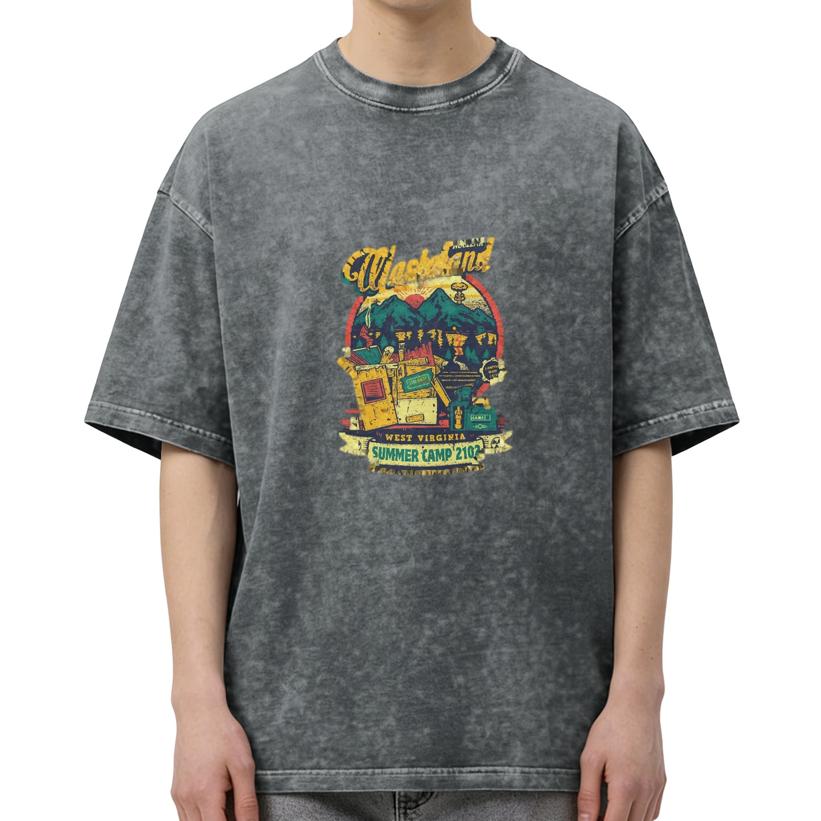 Distressed washed black wasteland style themed printed short-sleeved T-shirt Wasteland Paradise Summer Camp 2102 theme West Virginia summer casual top