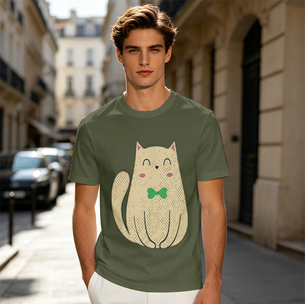 Olive T-Shirt with Cute Smiling Cat and Green Bow Tie Print