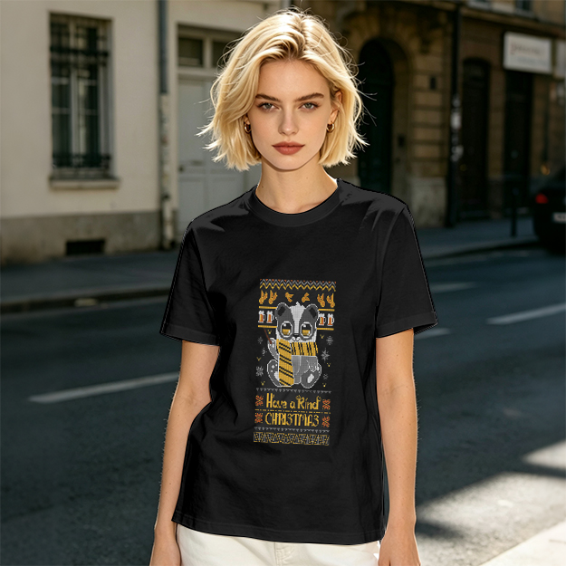 Olive green t-shirt with Hufflepuff badger Christmas print