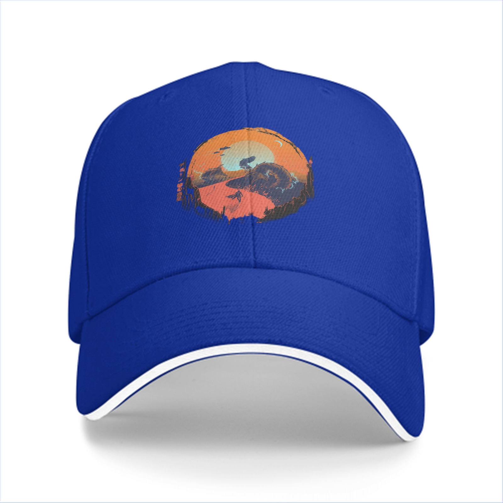 Black Baseball Cap with Sunset Landscape Graphic Print