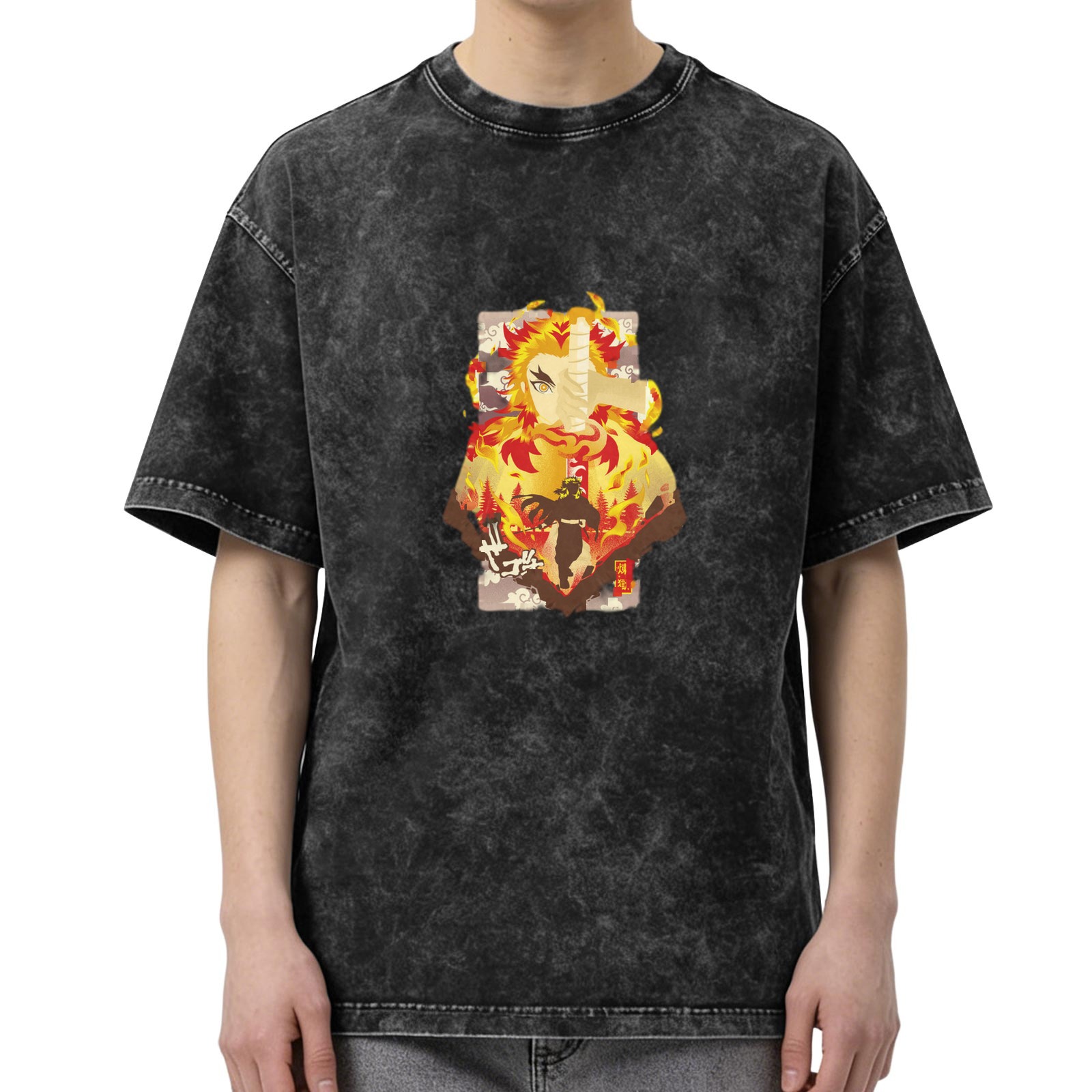 Demon Slayer Kyojuro Rengoku Flame Hashira Anime Graphic Oversized Vintage Wash T-Shirt
