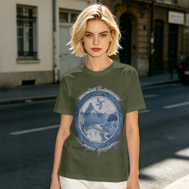 Olive T-Shirt With Fantasy Mountain Landscape Dragon Print