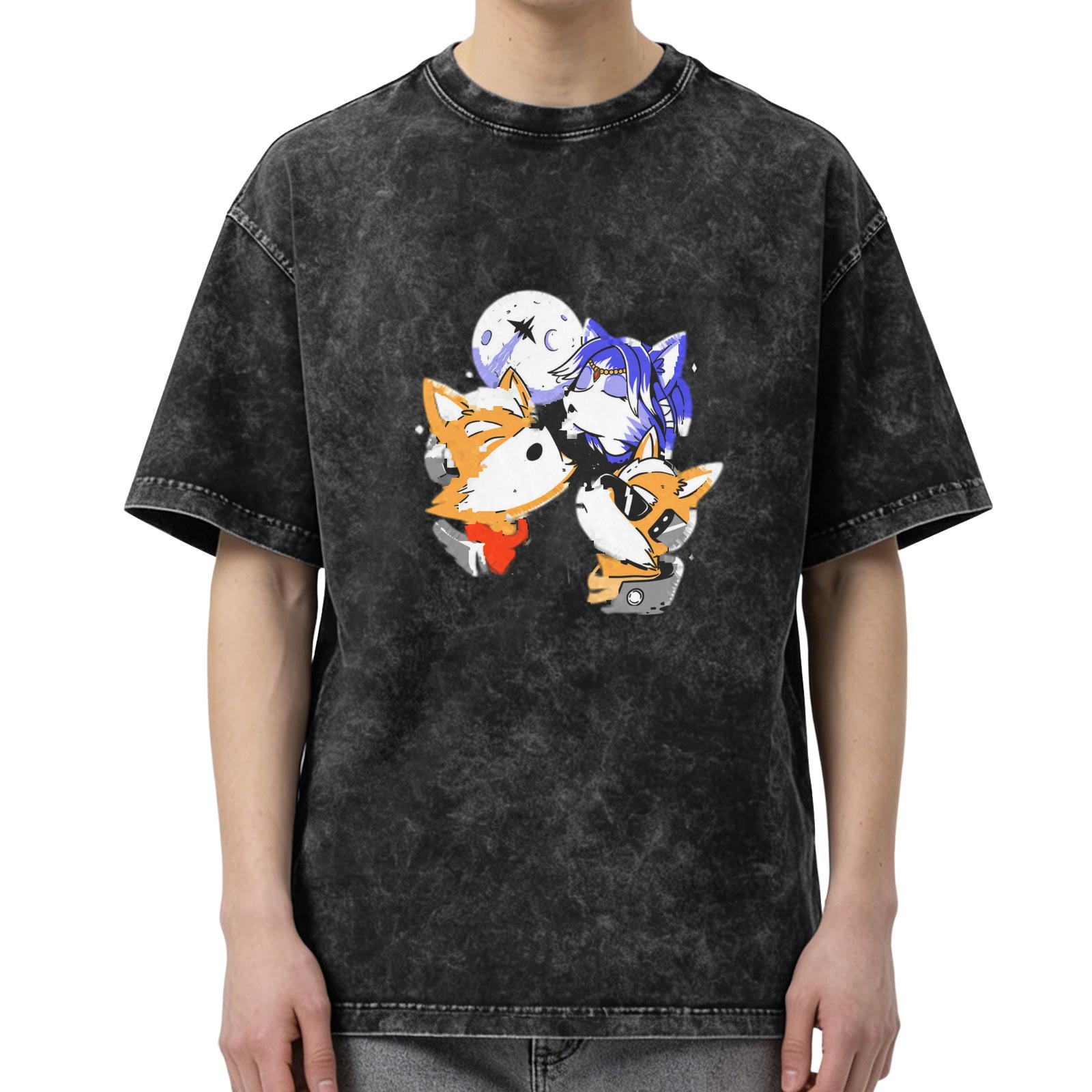 Oversized Acid Wash T-Shirt With Space Fox Cartoon Graphic Print